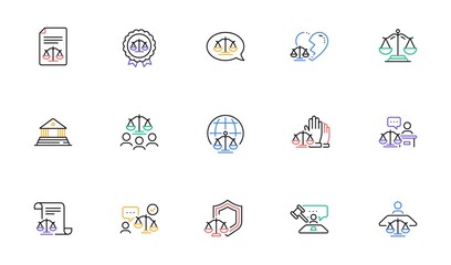 Court line icons set. Lawyer, Scales of Justice and Judge. Hammer, Law and Petition document set icons. Judgment, justice, court injunction. Gavel judge hammer, rulings, presiding officer. Vector