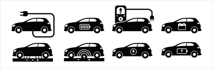 Electric car icon set. Electric car with charging power cord cable. Charge station sign. Magnetic wireless charging pad or road. Vector stock illustration.