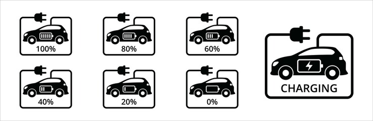Fototapeta premium Electric car charge percentage icon set. Electric car with charging power cord cable. Battery left indicator vector stock illustration. Car in side view silhouette.