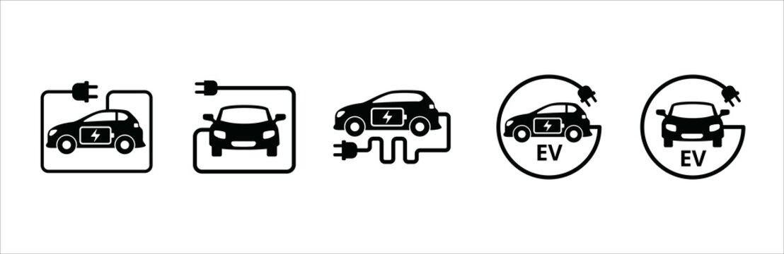 Electric car icon set. Electric car with charging power cord cable. Electric powered vehicle automobile sign. Vector stock symbol illustration. Flat simple design style.
