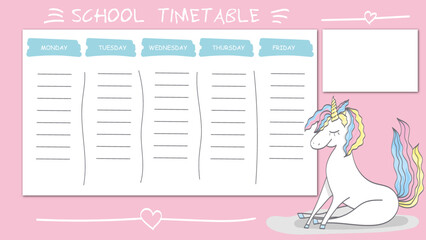 school timetable with cute unicorn
