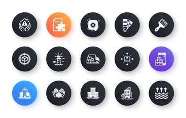 Minimal set of Builders union, Brush and Buildings flat icons for web development. Lighthouse, Strategy, Delivery truck icons. Palette, Inspect, Mobile inventory web elements. Vector