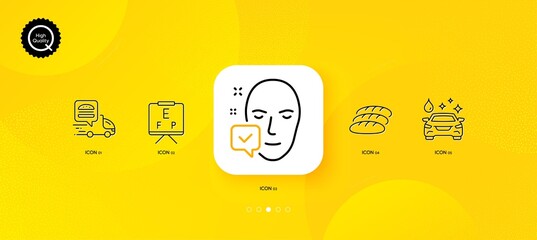 Fototapeta na wymiar Car wash, Bread and Vision board minimal line icons. Yellow abstract background. Food delivery, Face accepted icons. For web, application, printing. Cleaning service, Fresh baguette, Eye check. Vector