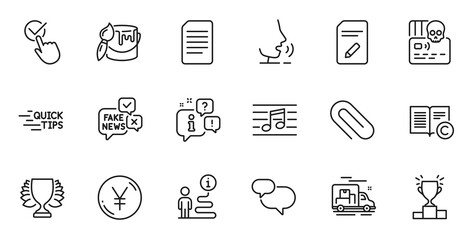 Outline set of Support, Education and Musical note line icons for web application. Talk, information, delivery truck outline icon. Include Edit document, Fake news, Document icons. Vector