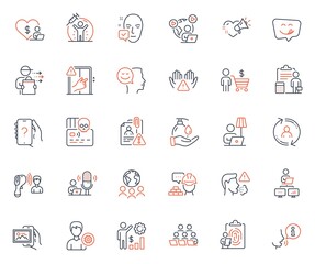 People icons set. Included icon as Accounting, Face accepted and Good mood web elements. Love message, Employees wealth, Wash hands icons. Search employee, Yummy smile, Build web signs. Vector