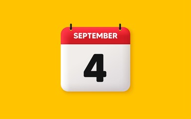 Calendar date 3d icon. 4th day of the month icon. Event schedule date. Meeting appointment time. Agenda plan, September month schedule 3d calendar and Time planner. 4th day day reminder. Vector
