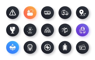 Minimal set of Warning, Baggage reclaim and Delivery service flat icons for web development. Boxes pallet, Bus tour, Journey icons. Fragile package, Flight mode, Car service web elements. Vector