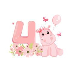 Cute baby girl hippo. Birthday invitation. Four years, four months. Happy birthday.	