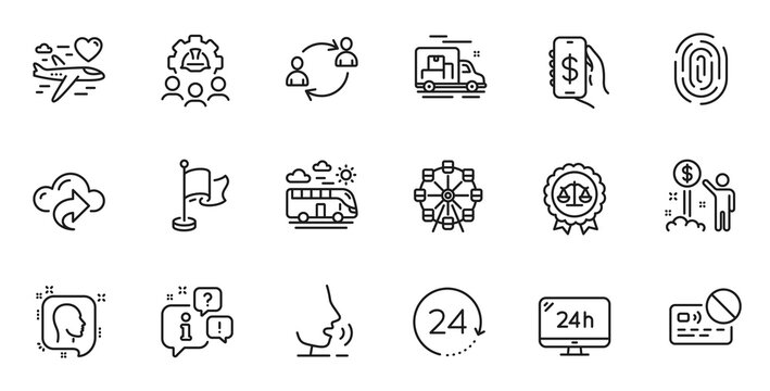 Outline set of 24 hours, User communication and Engineering team line icons for web application. Talk, information, delivery truck outline icon. Include Card, Flag, Head icons. Vector