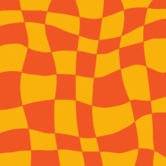 Whimsical orange wavy checkered pattern, background. Joyful texture to use for backdrops, invitation, greeting cards, posters, wrapping paper, scrapbooking or banners. Vector illustration.
