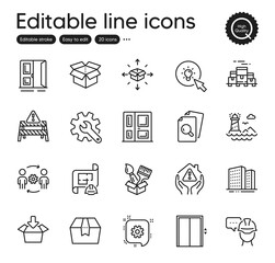 Set of Industrial outline icons. Contains icons as Customisation, Brush and House protection elements. Inspect, Engineering plan, Entrance web signs. Get box, Buildings, Open box elements. Vector