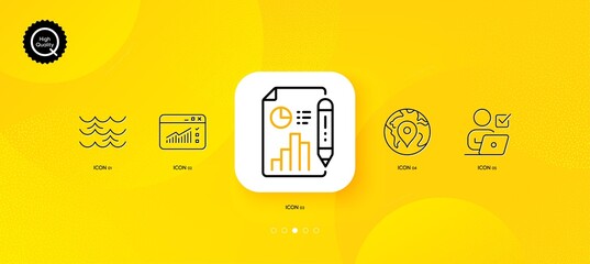 Fototapeta na wymiar Web traffic, Waves and Report document minimal line icons. Yellow abstract background. Pin, Online voting icons. For web, application, printing. Website window, Water wave, Growth chart. Vector