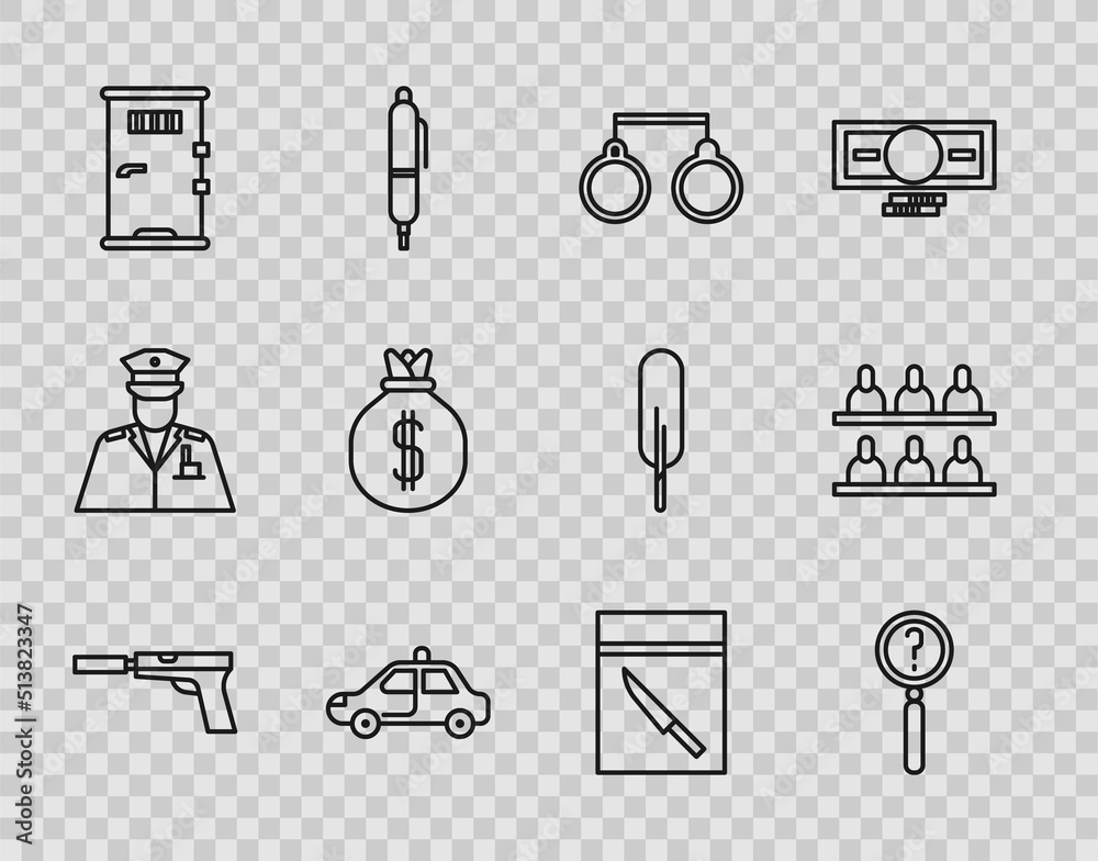 Wall mural Set line Pistol or gun with silencer, Magnifying glass search, Handcuffs, Police car flasher, Prison cell door, Money bag, Evidence knife and Jurors icon. Vector