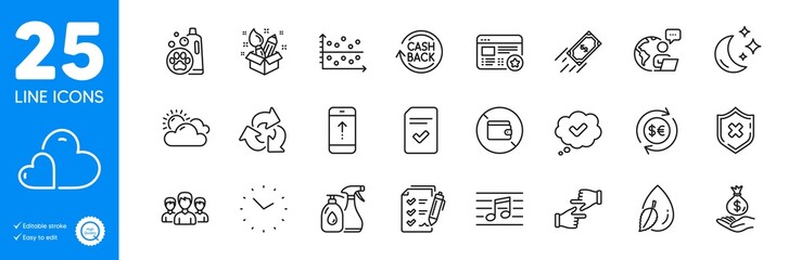 Outline icons set. Moon, Survey checklist and Dot plot icons. Favorite, Checked file, Musical note web elements. Money currency, Recycle, Wallet signs. Income money, Cleaning liquids. Vector