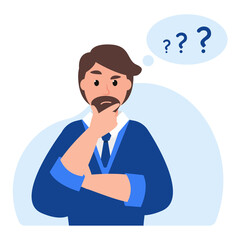Thinking man and question marks in bubble. Thoughtful businessman. Brainstorm new idea. Vector illustration.