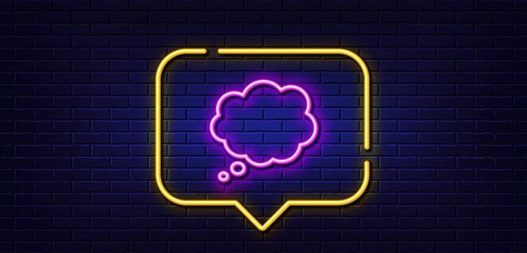 Neon light speech bubble. Comic Speech bubble line icon. Chat sign. Communication or Comment symbol. Neon light background. Comic message glow line. Brick wall banner. Vector