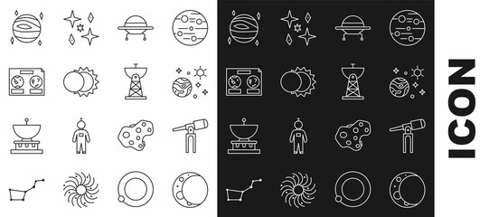 Set line Moon, Telescope, Space and planet, UFO flying spaceship, Eclipse of the sun, Celestial map night sky, Planet Venus and Satellite dish icon. Vector