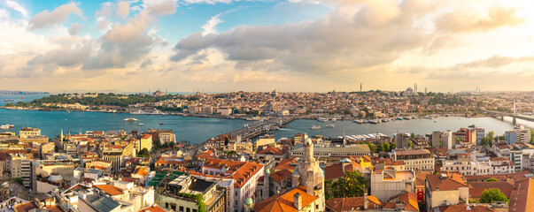 Istanbul panorama, skyline with Golden Horn strait at sunset