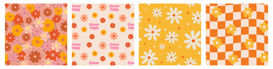 Fototapeta na wymiar 1970 Daisy Flowers Seamless Pattern Set