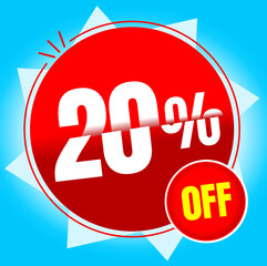 Discount Tag 20% OFF tag in red text or discount in white and yellow color, light blue background.
Tag for promotional discount. - obrazy, fototapety, plakaty