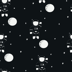 Cartoon astronaut seamless pattern. Black and white kids print. Monochrome design for packaging, textiles, wallpaper. Outer space. Stars, planet and cosmonaut in spacesuit. Design nursery.