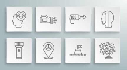Set line Flashlight, Scallop sea shell, Floating buoy on the, Coral, Fishing harpoon, Diving hood and icon. Vector