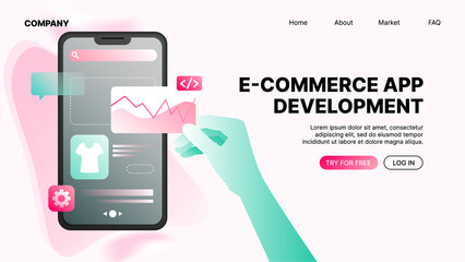 Ecommerce App Development. Landing Page Template. Vector illustration