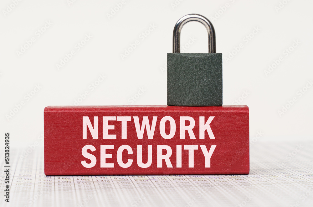 Poster On the reports there is a red block with the inscription - Network Security and a lock.