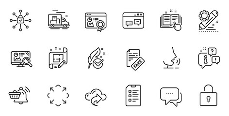 Outline set of Cloud share, Maximize and Security lock line icons for web application. Talk, information, delivery truck outline icon. Vector