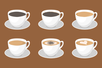 White cups of coffee. Cappuccino latte americano espresso cocoa. Hot coffee in white cups.