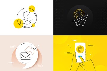 Minimal set of Insurance hand, Paper plane and Exam time line icons. Phone screen, Quote banners. Share mail icons. For web development. Full coverage, Airplane travel, Checklist. New e-mail. Vector
