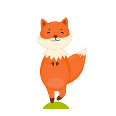 Cute red fox does yoga exercise. Isolated illustration on white background. Kids print design. Tree pose.