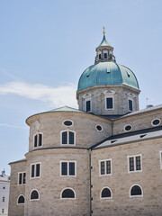 Rear tower with cross of Cathedral of Saints Rupert and Vergilius in Salzburg, Austria