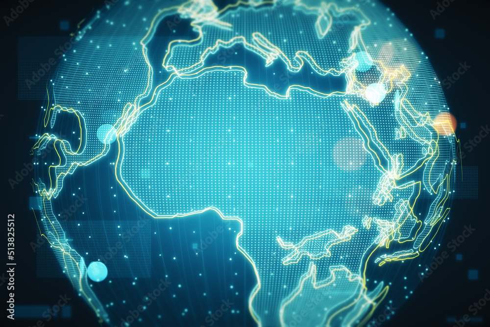 Poster Digital graphic blue world map design template with Africa continent with glowing lines on abstract background. 3D rendering