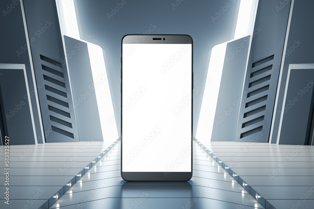 Poster Close up of blank white mock up smartphone screen on futuristic background. Mock up and product presentation concept. 3D Rendering.
