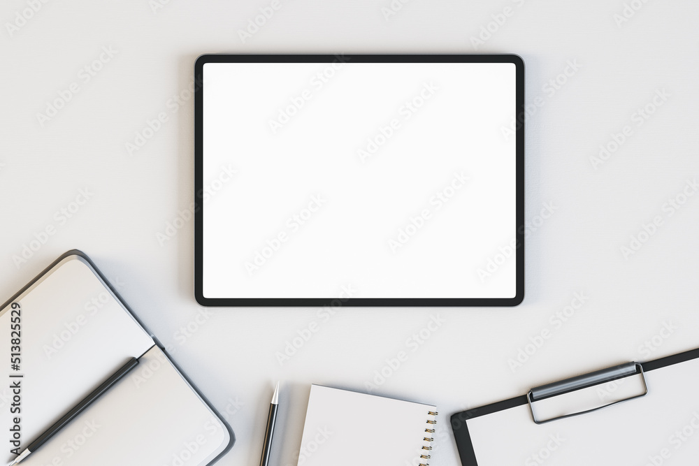 Poster Top view and close up of empty white tablet on desktop with supplies. Work place and stationery objects concept. Mock up, 3D Rendering.