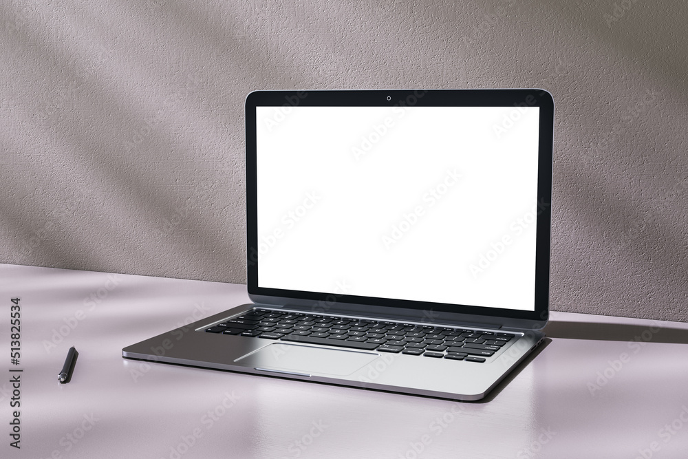 Poster Close up of blank white laptop frame screen on abstract shiny workplace background with reflections and pen. Designer workspace concept. Mock up, 3D Rendering.