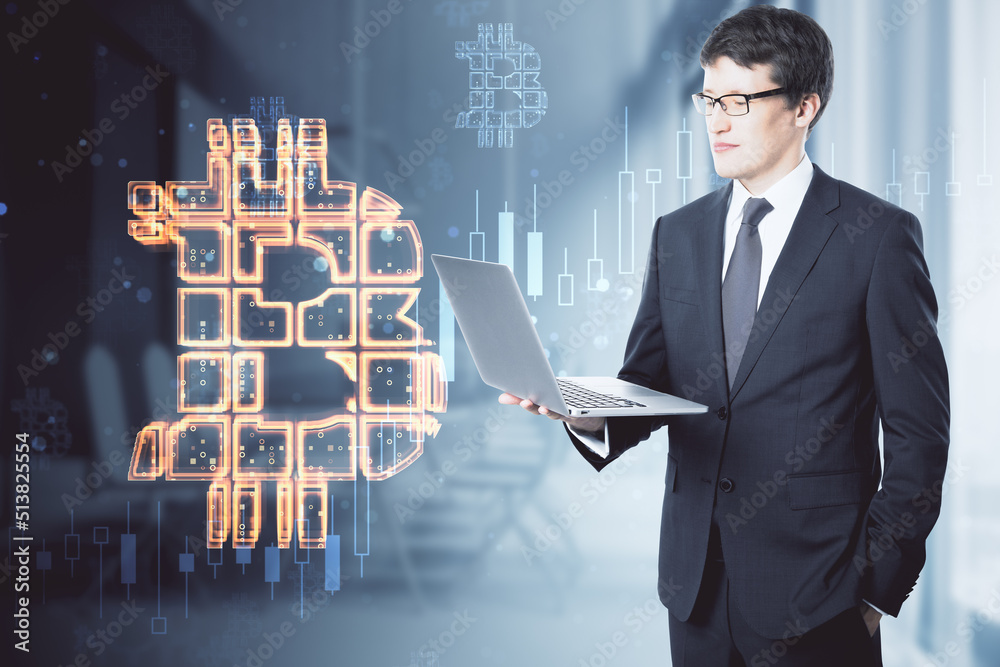 Poster digital money, cryptocurrency trading and investing concept with handsome man in suit using laptop o
