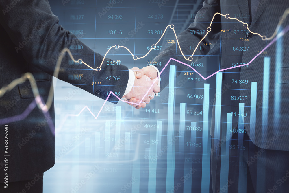 Aufkleber Side view of businessmen shaking hands with abstract glowing business chart with index and growth on blurry background. Finance, deal, teamwork, trade and market report concept. Double exposure.