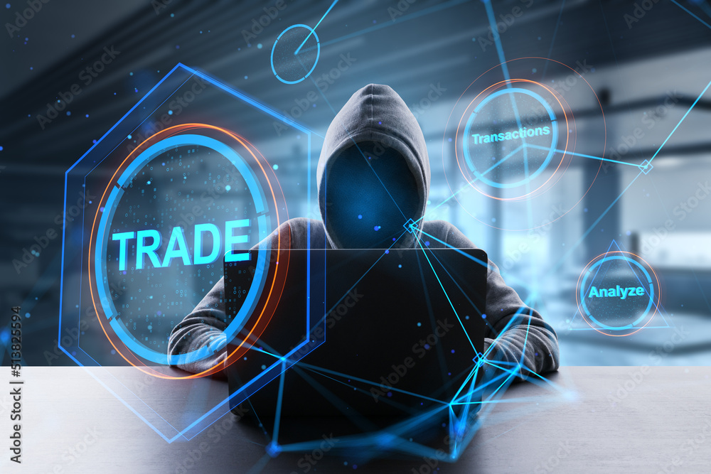 Aufkleber hacker at desktop using laptop with creative polygonal trade hologram on blurry office interior back