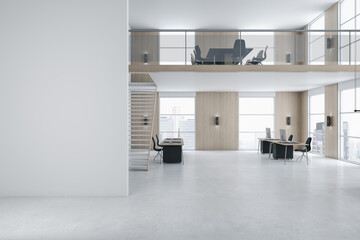 Modern two floors wooden and concrete duplex office interior with blank mock up place on wall, panoramic city view, furniture and daylight. 3D Rendering.