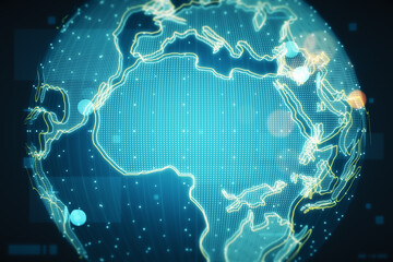 Digital graphic blue world map design template with Africa continent with glowing lines on abstract background. 3D rendering