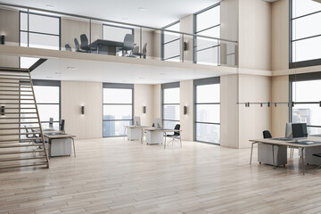 Light two floors wooden and concrete duplex office interior with panoramic city view, furniture and daylight. 3D Rendering.