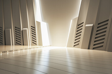 Contemporary futuristic spaceship interior with lights. Design and space concept. 3D Rendering.