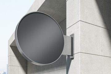 Close up of empty black round stopper on concrete tile building background. Mock up, 3D Rendering.