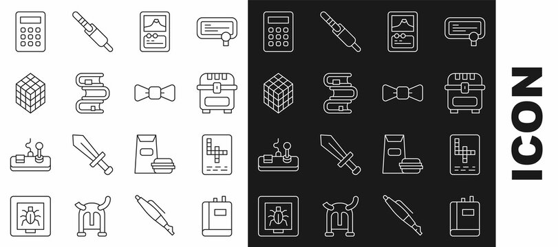 Set line Book, Crossword, Antique treasure chest, Card game, Rubik cube, Calculator and Bow tie icon. Vector