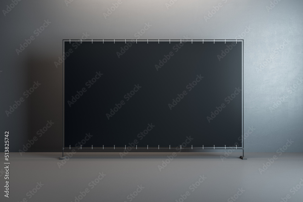 Aufkleber Front view on blank black billboard with space for your text or logo in the center of empty room with glossy floor and dark concrete wall background. 3D rendering, mockup
