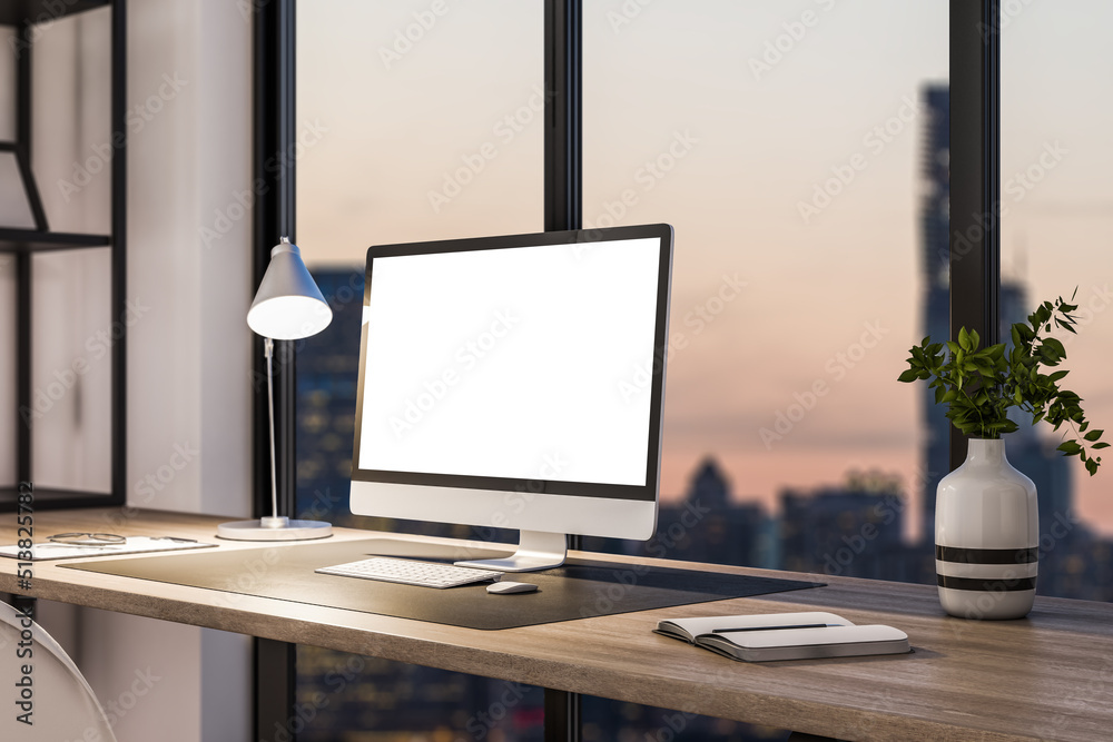 Wall mural perspective view on blank white modern computer monitor with place for your logo or text on stylish 