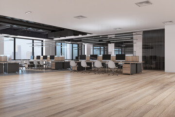 Clean spacious hardwood and concrete coworking office interior with windows and city view, wooden parquet flooring, furniture and equipment. Workplace concept. 3D Rendering.