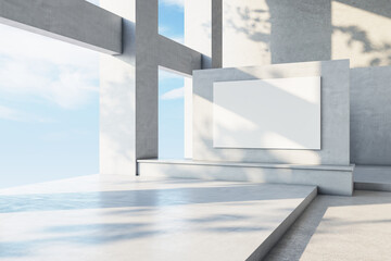 Perspective view on blank white sunlit banner with shadows and place for your text or logo on light concrete partition in abstract architecture hall with blue sky view. 3D rendering, mockup